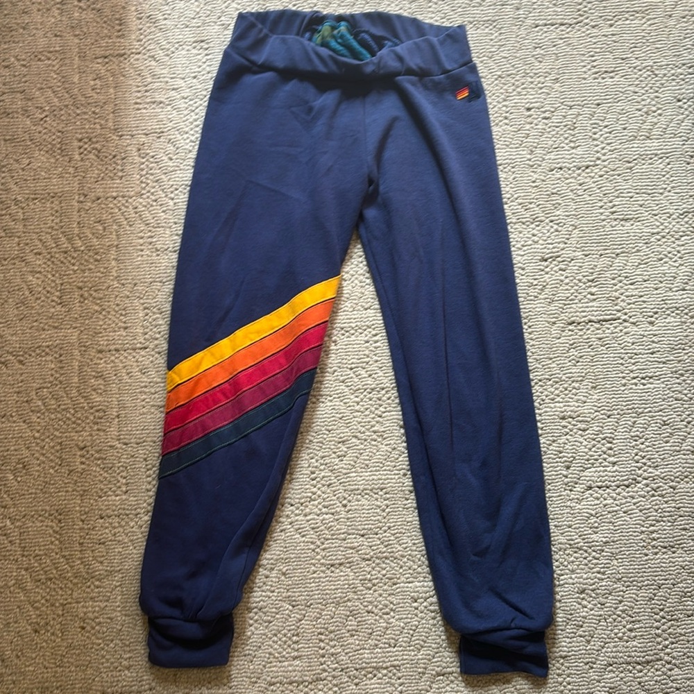 Aviator Nation Navy Sweatpants with Yellow, Orange, Pink & Teal Stripes